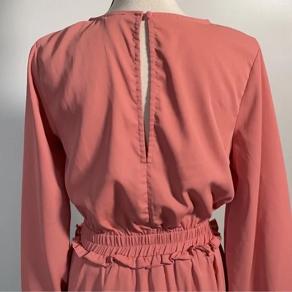 Mainstrip Peach Pink Long Sleeve Smocked Waist Ruffle Mini Dress – Size M - Picture 8 of 12
